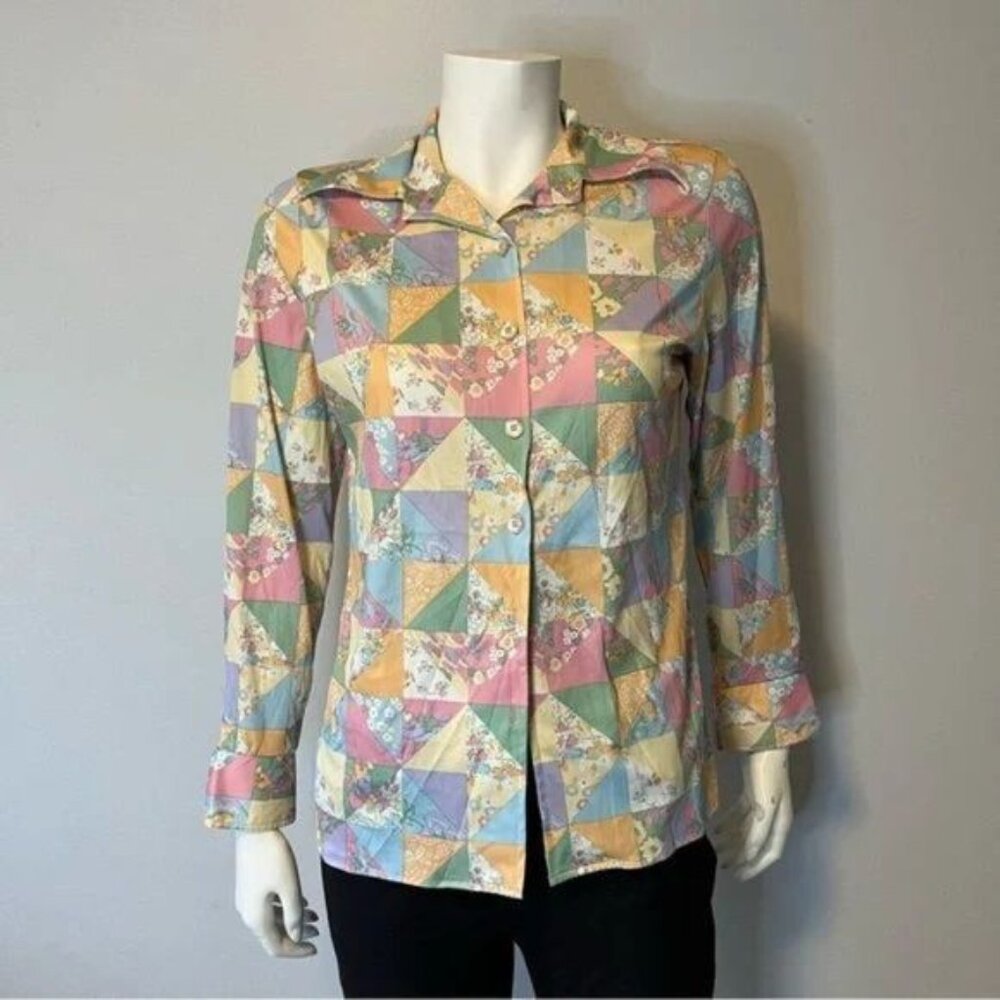 Vintage color block patchwork pastel print button front top size medium